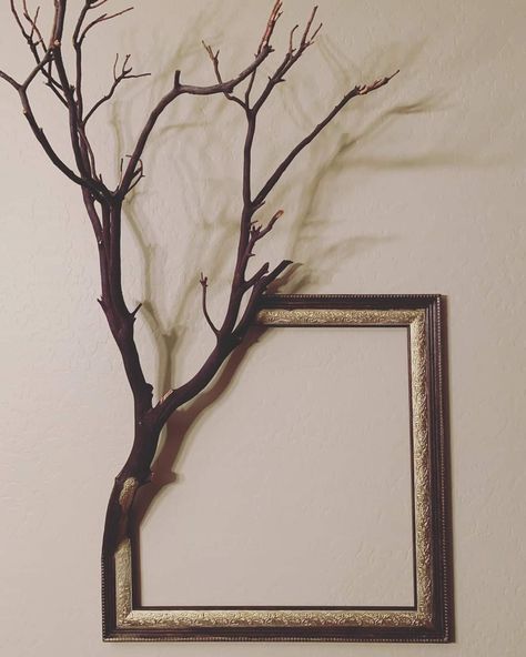 Diy Wood Wall Art Easy, Twig Art Diy Tree Branches, Framed Branches Diy, Framed Tree Branches Diy, Framed Twigs Wall Art, Tree Branch Mirror Frame Diy, Wooden Tree Wall Art Branches, Branch Frame, Takken Decor