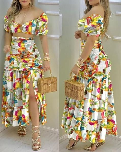 b147a61c1d07c1c999560f62add6dbc7desc43460018ri Long Skirt Suits, Beach Maxi Skirt, Womens Long Skirt, Elegante Y Chic, Floral Print Crop Top, Womens Maxi Skirts, Split Skirt, Sleeves Clothing, Moda Plus