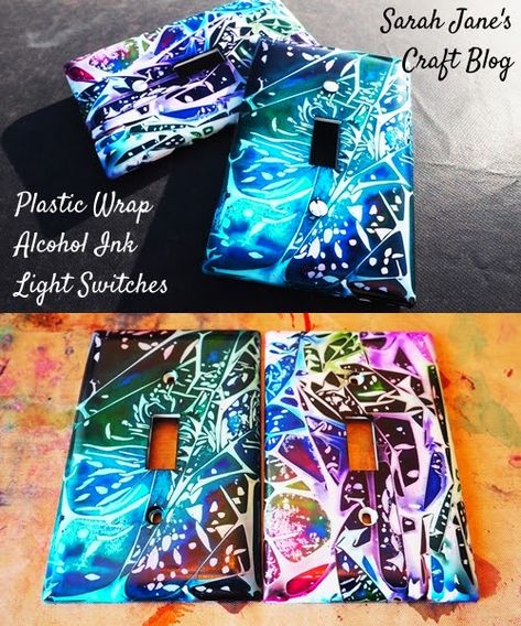 Alcohol Ink Switch Plate Covers, Alcohol Ink Plastic Wrap, Acholol Ink Art, Resin Light Switch Plate, Light Switch Art, Light Switch Covers Diy, Alcohol Painting, Alcohol Ink Glass, Marker Crafts