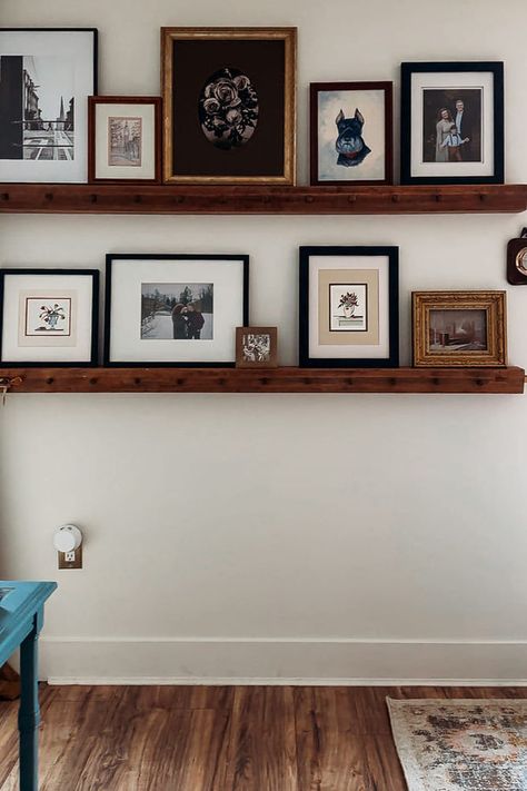 DIY Picture Ledges Tutorial: How To Turn An Antique Rope Bed Into Peg Rail Shelves | The Rural Legend How To Decorate Picture Ledges, Picture Frame Ledge, Picture Ledge Above Tv, Gallery Wall Shelf Picture Ledge, Diy Picture Ledge, Vintage Picture Ledge, Picture Ledge Styling, Picture Ledge Books, Picture Ledge Ideas