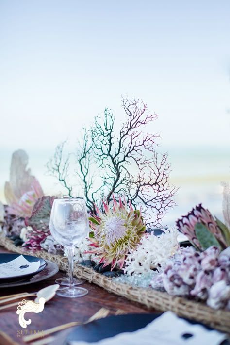 Ocean Inspired Floral Arrangements, Seaweed Wedding Decor, Beach Wedding Arrangements, Ocean Wedding Table Decor, Ocean Theme Flower Arrangements, Ocean Wedding Flowers, Mermaid Wedding Decor, Mermaid Flower Arrangement, Ocean Bridal Shower Ideas