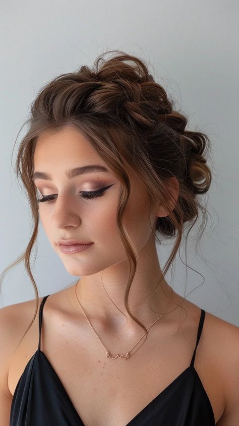 Hairstyle With Ball Gown, Formal Wedding Makeup, Bridesmaid Makeup Navy Blue Dress, Prom Makeup Ideas Black Dress, Formal Makeup For Hooded Eyes, Masquerade Ball Hair, Black Tie Wedding Guest Makeup, Light Formal Makeup, Prom Makeup Full Face