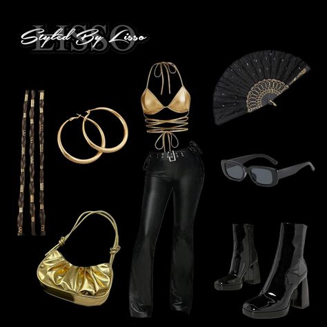 Cute black and gold rave fit using only shein products!!🖤💛 Details below: 👇🏽 @sheinofficial top: 22535968 pants: 27274310 boots: 11357877 hair clips: 36573253 fan: 18689275 bag: 35893466 earrings: 21835839 sunglasses: 32501191 #fashion #fashionblogger #fashioninspo #cool #rave #outfit #fashiondesigner #stylist #shein #boohoo #streetwear #prettylittlething #trendy #explorepage #explore #outfitinspiration #casual #personalstylist #summer #ibiza #festival #shape #styledbylisso #festival #fes... Black And Gold Rave Outfit, Gold Rave Outfit, Shein Products, Rave Fit, Rave Fits, Rave Outfit, Rave Outfits, Personal Stylist, Cute Black