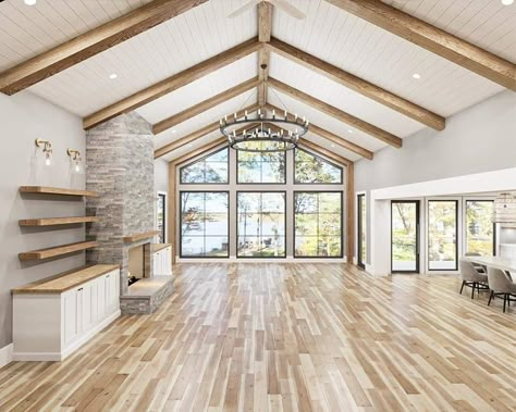 Great Room Addition Vaulted, Ranch With Cathedral Ceilings, Barndominium Great Room Ideas, Barndominium Patio, Kitchen Front Of House, Cathedral Ceiling Living Room Beams, Vaulted Wood Ceiling Living Room, Luxury Farmhouse Interior, Vaulted Ceiling Living Room Open Concept