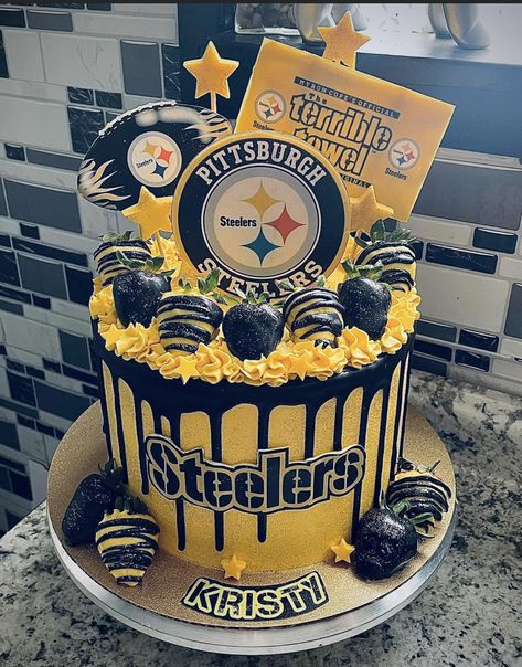 Steelers Bathroom Ideas, Pittsburgh Steelers Birthday Cake, Steeler Party Decorations, Steeler Cake Ideas, Pittsburgh Steelers Birthday Party, Pittsburgh Steelers Cake Ideas, Nfl Cakes Birthday, Steelers Decorations Diy Party Ideas, Steelers Themed Birthday Party