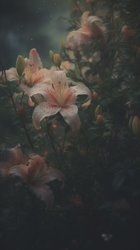 Transform your iPhone and Android with the moody allure of lilies under a twilight veil. Perfect for adding a touch of enigmatic charm to your digital experience Moody Ethereal Aesthetic, Female Aesthetic Wallpaper, Moody Wallpaper Iphone, Twilight Wallpaper Iphone, Gothic Aesthetic Wallpaper, Dark Wallpaper Phone, Lilies Aesthetic, Honeysuckle Wallpaper, Wallpaper Moody