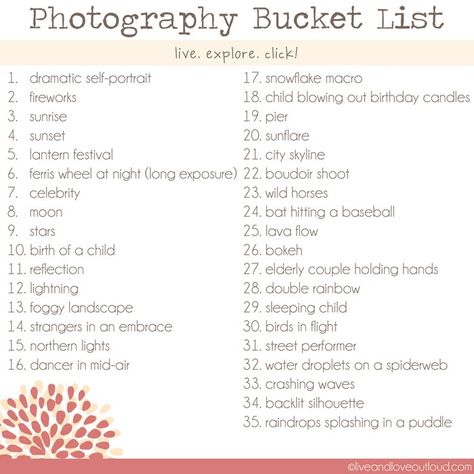 Photos to take bucket list Photography Bucket List, Photo Challenges, Photography Tricks, Foto Tips, Photography Challenge, Photography 101, Photo A Day, Photo Projects, Photo Op