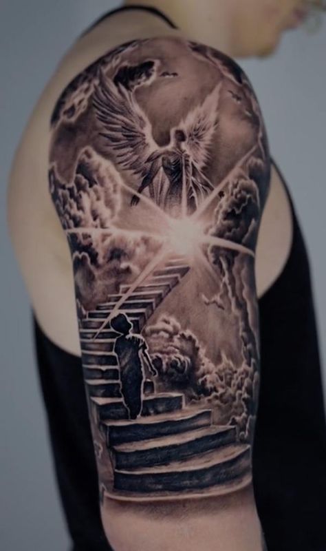 Staircase To Heaven Tattoo, Staircase Tattoo, Stairs To Heaven Tattoo, Staircase To Heaven, Stairway To Heaven Tattoo, Heaven Tattoo, Prison Drawings, Meaning Art, Praying Hands Tattoo