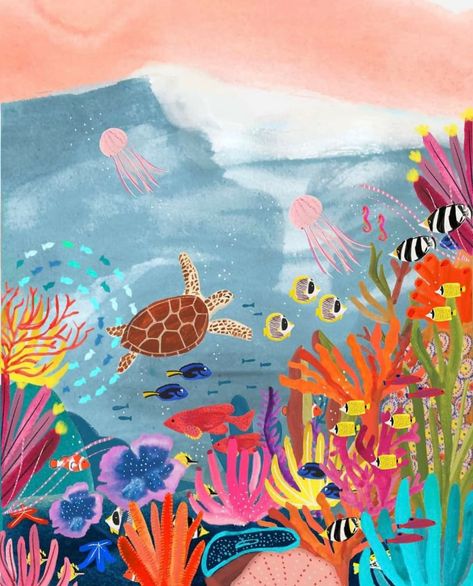 Great Barrier Reef Australia, Barrier Reef Australia, Gouache And Watercolor, Gouache Illustration, Happy Illustration, 강아지 그림, The Great Barrier Reef, Preppy Wallpaper, Beach Wallpaper