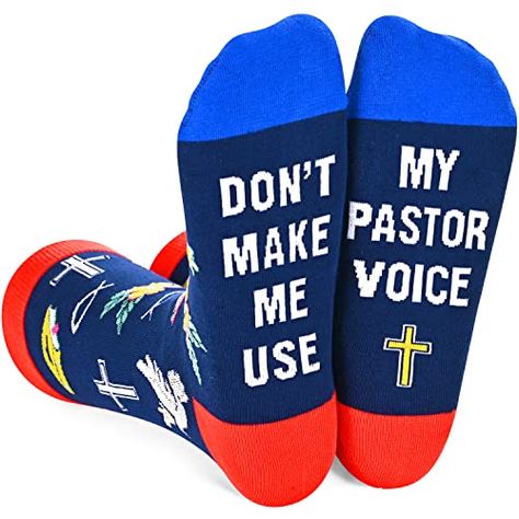 CHRISTIAN SOCKSThe blue pastor socks are decorated with white dove patterns, ΙΧΘΥΣ patterns and Bible patterns. At the bottom of the socks, there is a funny saying that reads, "DON'T MAKE ME USE MY PASTOR VOICE."SIZE & PACKAGEOur unisex design fits most men's US size 6-13 feet and most women's US size 7 and up. Each pair of religious socks comes in a plastic zippered bag.QUALITY MATERIALOur Jesus socks are made of 80% combed cotton, 17% polyamide, and 3% spandex to ensure they are soft, c... Pastor Appreciation Gift Basket Ideas, Pastor Gifts, Medical Socks, Pastor Appreciation Day, Pastor Appreciation Gifts, Socks Gifts, Gifts Christian, Pastor Appreciation, Holiday Socks