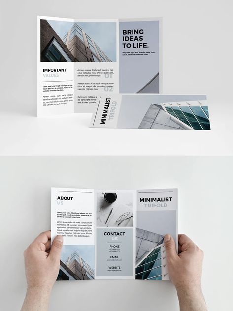 Minimalist Trifold Brochure Template InDesign INDD Broshor Design Layout, Brochure Design Minimalist, Trifold Pamphlet Design, Trifold Brochure Design Minimalist, Minimalist Brochure, Poster Design Competition, Brochure Design Templates, Simple Brochures, Architecture Brochures