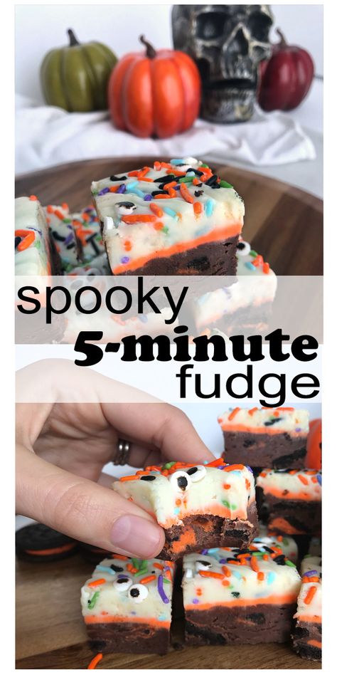 Easy Halloween Fudge Recipe, Semi Homemade Halloween Treats, Easy Halloween Fudge, Halloween Fudge Ideas, Halloween No Bake Desserts, Halloween Fudge Recipes, Fall Fudge, Halloween Fudge, Halloween Apps