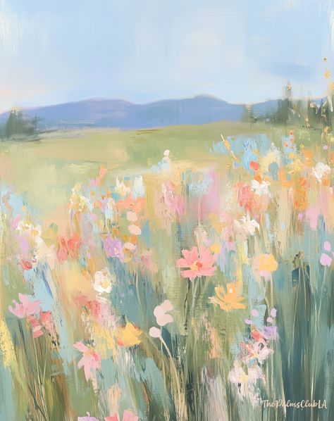 Countryside Dreaming in thick pastels🌸🎨 Pastel Scenery Aesthetic, Sunflower Pastel Art, Pastel Impressionism Paintings, Soft Pastel Mountains, Pastel Wildflowers, Meadow Painting, Country Aesthetic, Mood Board Design, Soft Pastel