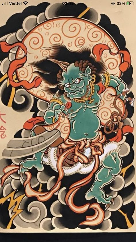 Fujin Tattoo Japanese Art, Fujin Tattoo Design, Fujin Tattoo, Raijin Tattoo, Small Japanese Tattoo, Japanese Leg Tattoo, Traditional Japanese Tattoo Designs, Japanese Flower Tattoo, Japanese Art Styles