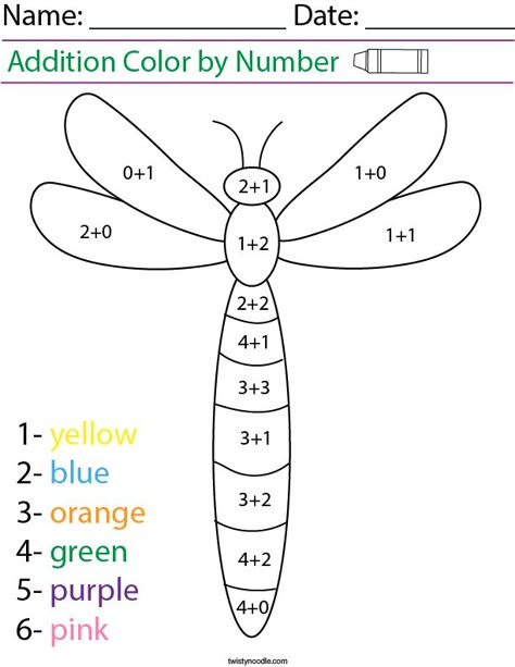 Addition- Color by Number Dragonfly Math Worksheet - Twisty Noodle Dragonfly Worksheet, Addition Color By Number, Color By Number Worksheet, Addition Coloring Worksheet, Number Worksheet, Math Coloring Worksheets, Twisty Noodle, Math Sheets, Preschool Math Worksheets