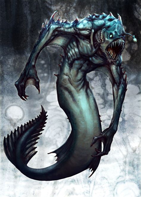 I wanted to do something with a high creep factor, reminiscent of a shark or some such creature... CS painting Undead Sea Monster, Fish Monster Concept Art, Deep Sea Triton Dnd, Merrow Dnd, Fish Monster Art, Abyss Creatures, Abyss Monster, Deep Sea Monsters, Inn Keeper