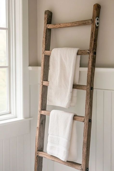 "Transform an old ladder into a beautiful and practical DIY Vintage Ladder Towel Rack! 🛠️🚿 Perfect for adding a rustic touch to your bathroom decor. 🌿✨ #UpcycledDecor #DIYHome #LadderCrafts" Rustic Towel Rack Bathroom, Bathroom Towel Ladder, Old Ladder Ideas, Rustic Blanket Ladder, Rustic Towel Rack, Rustic Blankets, Blanket Rack, Old Ladder, Vintage Ladder