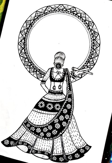 Garba | Mandala Art | Dandiya Nights | Indian | Indian Festival | Lady Art Garba Mandala Art, Dandiya Mandala Art, Dress Mandala Art, Indian Lady Drawing, Lady Mandala Art, Dandiya Drawing, Garba Drawing, Mandala Basics, Rukhwat Ideas