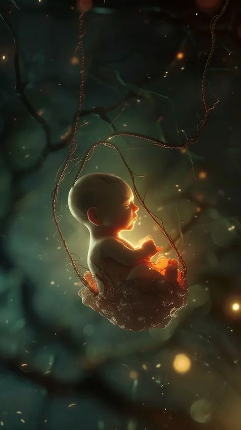 The image is a surreal depiction of a fetus curled up in a womb-like pod. The fetus is glowing, and the pod is suspended in a dark, watery environment by a chain. The image is both beautiful and eerie, and it evokes a sense of wonder and mystery. Baby In Womb Art, Baby In The Womb, Baby In Womb, Cute Pictures To Draw, Dove Images, Evil Fairy, Pregnancy Art, Dark Water, Underground Art