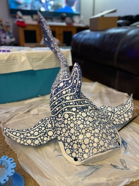 This was right after i finished painting it <3 I’ll probably post the work in progress photos later Paper Mache Sea Creatures Art Projects, Stingray Paper Mache, Wall Shark Cardboard, Diy Whale Shark, Cardboard Whale Shark Template, Diy Room Decor Ocean Theme, Paper Mache Manta Ray, Paper Mache Stingray, Whale Shark Paper Mache