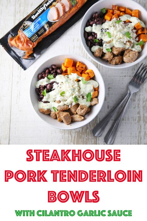 Steakhouse Pork Tenderloin Bowls with Cilantro Garlic Sauce - Tastefulventure Pork Tenderloin Bowl, Dinner Recipes Pork, Cilantro Garlic Sauce, Cooking Pork, Yams Recipe, Recipes Pork, Easy Main Dishes, Cilantro Sauce, How To Cook Pork