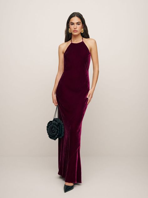 How fancy. The Jeany is a maxi dress with a halter neckline and open back. Cocktail Wedding Attire, Sleeveless Velvet Dress, Fancy Shop, Velvet Cocktail Dress, Red Velvet Dress, Cocktail Wedding, Silky Dress, Wedding Mood, Holiday Dress