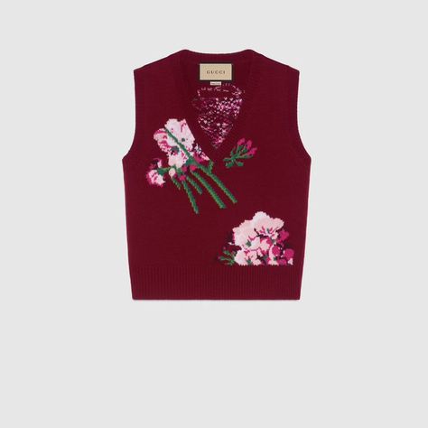 Flowers intarsia wool vest in bordeaux | GUCCI® US Gucci Vest, Gucci Shop, Wool Vest, Vest Fashion, Knitwear Design, Sweater Design, Jumpers And Cardigans, Knitwear Women, Cotton Style