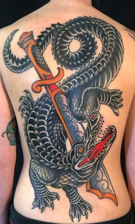 American Traditional Back Tattoo Men, Traditional Torso Tattoos, Traditional Jaguar Head Tattoo, Traditional Tattoo Torso, American Traditional Back Piece, Gator Tattoo, Traditional Back Tattoo, Favorite Tattoos, Necklace Tattoo