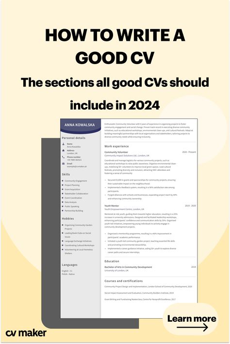 how to write a good CV with a CV example How To Write A Cv For A Job, How To Write A Good Cv, How To Write A Cv, Student Cv Examples, Cv Format For Job, Cv Advice, Cv Writing Tips, Writing A Cv, Cv Maker