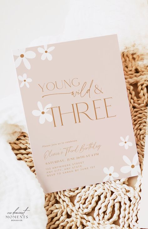 The perfect digital invitation template for your 'young wild and three' boho daisy themed third birthday! Effortlessly customize and share the joy online with this chic design. A perfect base for your fairy first decor to set the tone for a beautiful event! Perfect for hassle-free party planning. Make the day memorable and share the excitement with friends and family. Instant Download with the option of sending via text or printing. Visit 'Our Dearest Moments' to shop the collection and buy now! 3rd Birthday Invitations Girl, 3rd Birthday Theme Ideas Girl, Third Birthday Theme Ideas, Three Birthday Party Theme, Third Birthday Theme, Wild And Three Birthday Party, Three Birthday Party, Young Wild And Three Birthday, 3rd Birthday Party For Girls