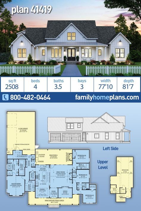 House Plan 41419 American Style House, Country Farmhouse Style, House Plans One Story, 4 Bedroom House Plans, Farmhouse Style House Plans, Country House Plan, Ranch House Plans, House Plans Farmhouse, Country House Plans