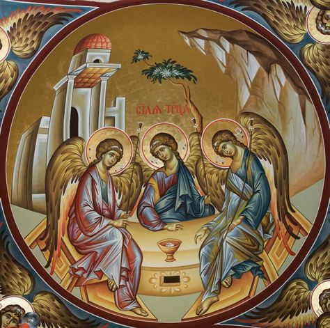 The Holy Trinity by Violeta Nanova and Ivica Davidovski Holy Trinity, Art Icon, Orthodox Icons, Sacred Art, Religious Art, Trinidad, 그림 그리기, Angel, Mosaic