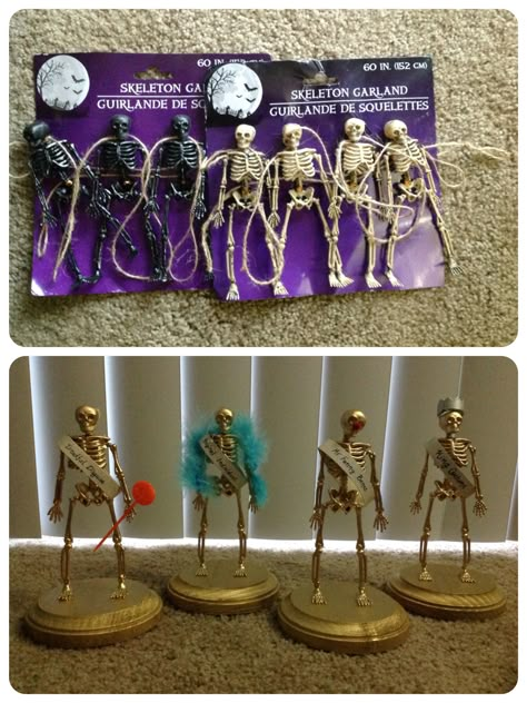 DIY skeleton trophies -- made from Dollar Store skeletons, wood plaques from Michael's, spray paint, glue, and sections of toilet paper rolls as the sashes! Made these for our soccer team's Halloween costume party... Dreadful Disguise (worst/least effort), Original Individual (most unique), Mr. Funny Bones (funniest), and King Costume (best)! Diy Halloween Party Ideas, Mr Funny, Diy Skeleton, Diy Halloween Party, Dekorasi Halloween, Uhyggelig Halloween, King Costume, Hallowen Ideas, Halloween Party Ideas