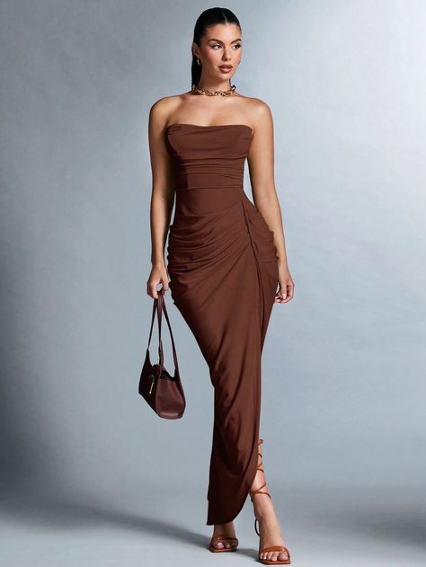 SHEIN BAE Solid Ruched Split Thigh Tube Dress For SummerI discovered amazing products on SHEIN.com, come check them out! Coffee Brown Dress, Bronze Outfit, Brown Dress Outfit, Brown Dresses Outfit, Brown Dresses Formal, Martini Party, Women Maxi Dresses, Summer Coffee, Coctail Dresses