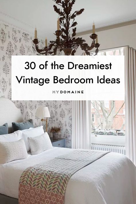 Make your bedroom a relaxing retreat with vintage style. From antique light fixtures to cane accents, here 30 ideas to help you get started. #Vintage #VintageBedroom #BedroomDesign #MyDomaine Small Bedroom Vintage Decor, Vintage Style Bedroom Decor, Cottage Bedroom Lighting Ideas, Master Bedrooms Antique, Vintage Wallpaper Bedroom Ideas, Modern French Master Room, Old Fashion Bedroom Ideas, Pretty Vintage Bedroom, Antique Bedroom Lighting