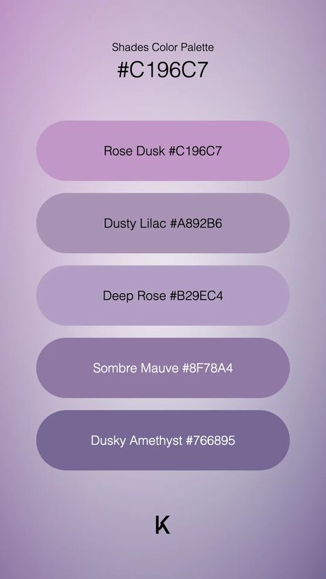 Shades Color Palette Rose Dusk #C196C7 · Dusty Lilac #A892B6 · Deep Rose #B29EC4 · Sombre Mauve #8F78A4 · Dusky Amethyst #766895 Dusty Lilac, Hex Color Palette, Colors Palette, Hex Colors, Pink Amethyst, Color Code, Color Theory, Unique Colors, Color Palettes