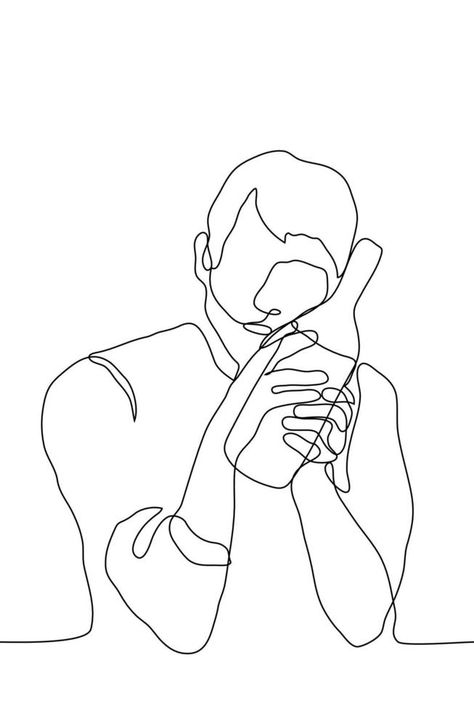 drunk man sits lovingly clutching a bottle of alcohol. one continuous line drawing concept alcoholic, drink addict cannot physically break away from alcohol Man Drinking Alcohol Drawing, Alcohol Addicted Art, Drinking Alcohol Drawing, Alcoholic Drawing, Drunk Drawing, Alcohol Drawing, Drunk Art, Drink Drawing, Bottle Of Alcohol