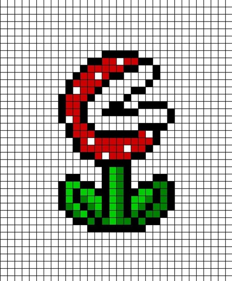 A pixel art template of the Piranha Plant from the Mario series. Pixel Art Pattern Mario, Mario Pixel Art Grid, Mario Kart Pixel Art, Pixel Art Ideas Simple, Pixel Art Mario Bros, Plant Pixel Art, Nintendo Pixel Art, 8bit Mario, Super Mario Pixel Art