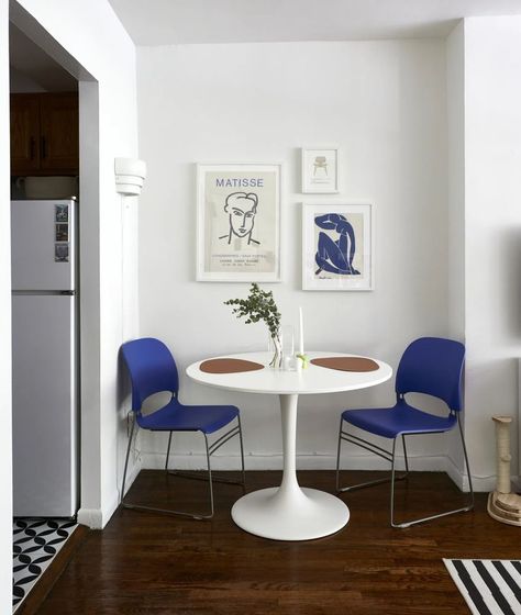 Blue And White Interior, Upper West Side Apartment, Office Den, Nyc Studio, Upper West Side, Small Budget, Blue Cushions, Maximize Space, Room Layout