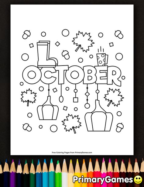 Free printable online Fall Coloring Pages eBook for use in your classroom or home from PrimaryGames. Print and color this October coloring page. Ice Cream Coloring Pages, October Activities, Fall Coloring, Colouring Sheets, Shapes Preschool, Sunday Church, Coloring Calendar, Coloring Page Printable, Halloween Preschool