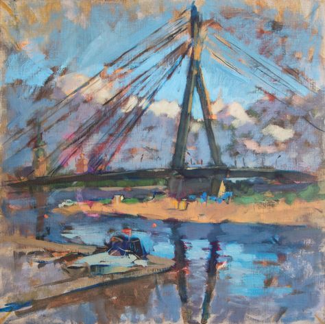 Cityscape painting of a cable-stayed bridge in light blue colors Cable Stayed Bridge, Bridge Painting, Architecture Painting, Impressionism Painting, Oil On Canvas Painting, Cityscape Painting, Art Academy, Plein Air Paintings, Art Buyer