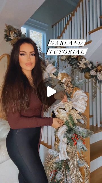 Muna Nijmeh on Instagram: "STAIRS GARLAND TUTORIAL 🎄  A quick look at how I put together my garland for my stairs. Here are some tips:  1. Start with base garland 2. Add green picks for more texture and fullness 3. Add 2 kinds of ribbon for visual contrast 4. Add large and small ornaments 5. Add picks and flowers throughout to complete the look 6. Add beaded garland or stems swooping down for drama  Comment “GARLAND” for the links to be sent directly to your inbox!   🎄 SAVE THIS FOR INSPO 🎄  #christmasdecor #christmasdecorations #holidaydecor #holidayhome #christmasmood" Stairs Christmas Garland, Stair Garland Ideas, Diy Stair Garland Christmas, Add Ribbon To Garland, How To Put Garland On Staircase, How To Attach Garland To Banister, Christmas Garland Staircase Diy, Stairs Garland Christmas, Stair Christmas Decor Ideas