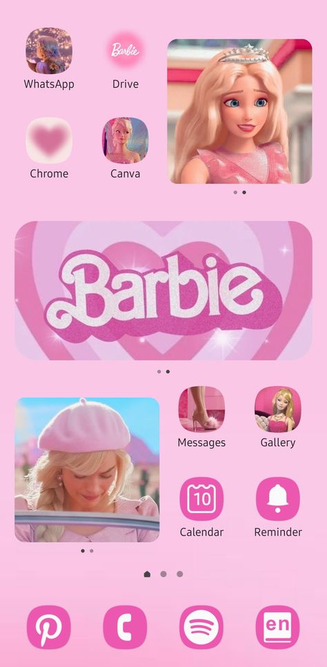 Barbie Phone Layout, Barbie Phone Theme, Barbie Widget Aesthetic, Barbie Home Screen, Barbie Layout, Android Phone Theme, Barbie Phone, Calendar Reminder, Phone Decor