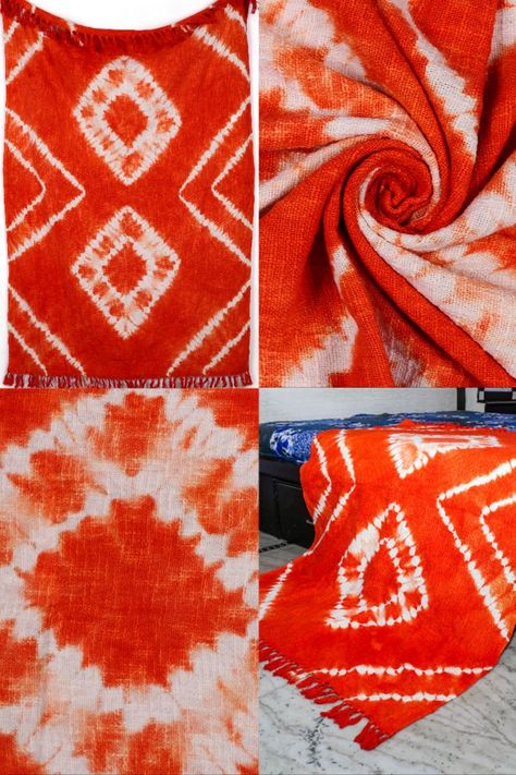 The Orange Throw Blanket is a gorgeous and trendy Shibori Tie Dye Mudcloth Throw Blanket. This Shibori Tie Dye Orange Throw Blanket is a colorful, cozy, and versatile blanket. The pattern is created by tying the fabric in various ways, so no two blankets are alike. The fabric is lightweight and durable, making it perfect for use as a sofa throw, bed throw, or as a lightweight travel blanket. This beautiful blanket is perfect for someone who wants to add a splash of color to their home decor. Orange Throw Blanket, Tie Dye Bedding, Opposite Colors, Travel Blanket, Shibori Tie Dye, Bed Throw, Tie Dye Colors, Travel Blankets, Beautiful Blankets