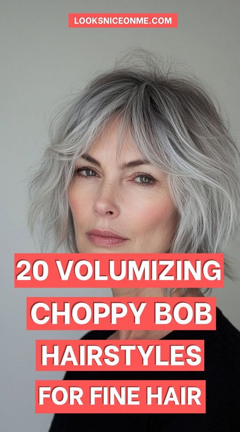 Achieve a fuller, more dynamic look with these choppy bob hairstyles tailored for fine hair. Choppy Platinum Bob, A Line Bobs For Fine Hair, Bobs For Fine Hair Over 40, Stacked Lob Haircut For Fine Hair, Piecy Bob Hairstyles, Short Textured Bob Thick Hair, Bob Haircut For Fine Hair Short, Bob Haircuts Fine Hair, Chin Length Bob Fine Hair