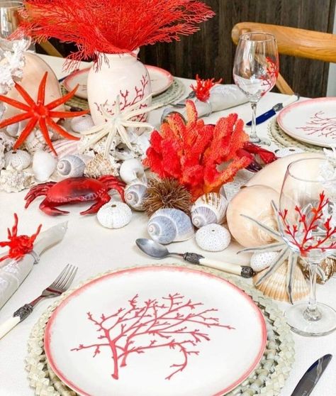 Coral Table Setting, Fun Table Settings, Seafood Party, Coral Table, Dream Boat, Coral Decor, Table Setting Inspiration, Party Table Settings, Ocean Fashion