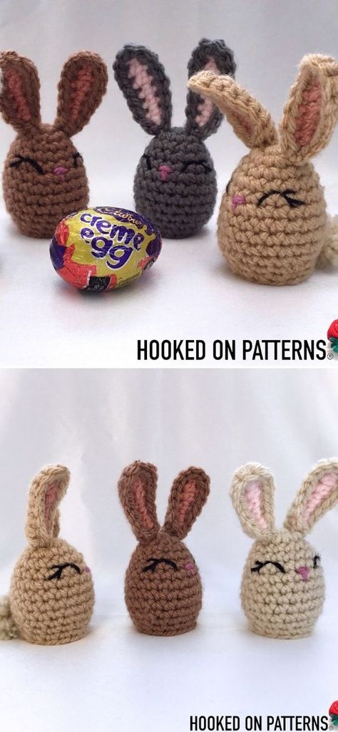 Lovely Easter Egg Crochet. These adorable Eester themed egg shaped bunnies are designed to fit the Cadbury's Creme Eggs perfectly, so you'll be able to hide your sweets in a sweet crochet bunny! You can also alternatively turn them into cool pencil toppers! The finished size is 6 cm high and 5 cm wide. #freecrochetpattern #easter #bunny Small Easter Crochet Patterns, Easter Egg Crochet, Crochet Easter Decorations, Crochet Easter Eggs, Easter Crochet Patterns Free, Egg Crochet, Small Bunny, Handmade Baby Toys, Crochet Sheep