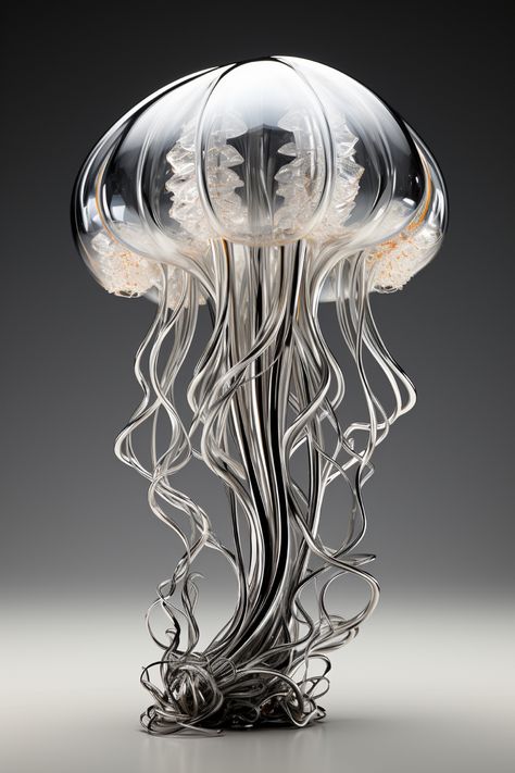 Chrome Sculpture Art, Metal Jellyfish, Jellyfish Sculpture, Glass Jellyfish, Jellyfish Light, Jellyfish Art, 3d Tattoo, Figurative Artwork, Retro Futuristic