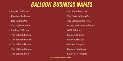 Catchy Balloon Business Names Ideas Balloon Shop Name Ideas, Balloon Decoration Business Card, Balloon Name, Unique Event Company Names Ideas, Balloon Buisness Name, Unique Business Names, Balloon House, Name Boards, Brand Pop