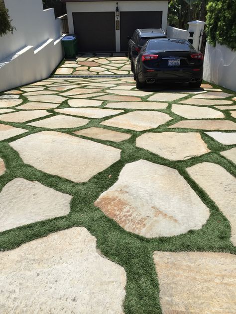 Pavers With Grass In Between Driveways, Paver Driveway With Grass In Between, Mondo Grass Driveway, Grass Block Driveway, Stone And Grass Driveway, Driveway Grass Pavers, Flagstone Driveway, Permeable Paving Landscape Architecture, Grass Pavers Driveway